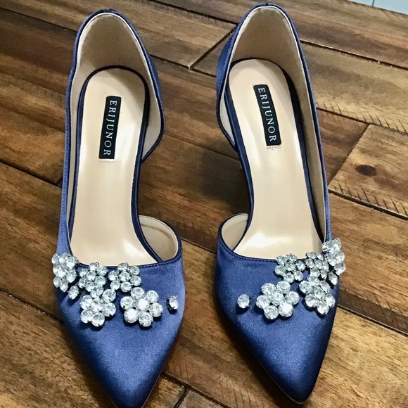 ERIJUNOR Satin Rhinestone Pumps~Navy~Size 6.5 - Picture 5 of 11